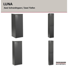Fackelmann Badmöbel Serie LUNA: Darstellung von zwei Schranktypen in zwei verschiedenen Tiefen, dunkelgrau glänzend.