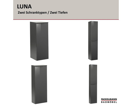 Fackelmann Badmöbel Serie LUNA: Darstellung von zwei Schranktypen in zwei verschiedenen Tiefen, dunkelgrau glänzend.