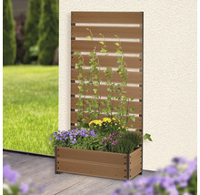 Pflanzkasten mit Rankgitter aus Holz-Kunststoff-Verbundwerkstoff auf einer Holzterrasse vor einer Hauswand, bepflanzt mit Efeu und Blumen.