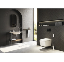 Modernes Badezimmer mit wandhängendem WC, dunklen Fischgräten-Fliesen, freistehendem Waschtisch mit Spiegel und hellen Bodenfliesen.