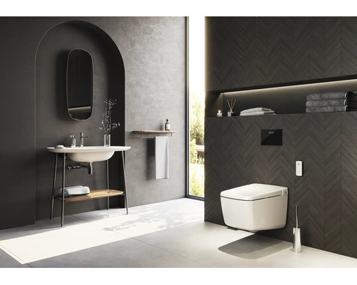 Modernes Badezimmer mit wandhängendem WC, dunklen Fischgräten-Fliesen, freistehendem Waschtisch mit Spiegel und hellen Bodenfliesen.