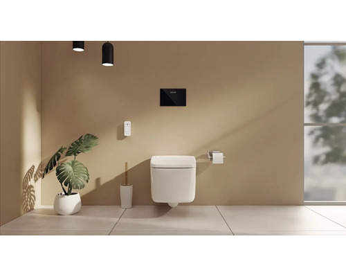 Modernes Badezimmer mit wandhängendem WC, Betätigungsplatte, Fernbedienung, Toilettenbürste und Monstera-Pflanze.