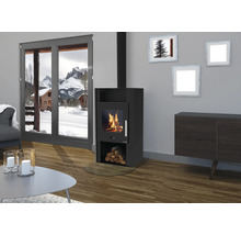 Schwarzer Kaminofen mit Sichtscheibe und brennendem Feuer in modernem Wohnzimmer mit Holzboden und Ausblick auf verschneite Berge.