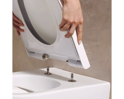 WC-Sitz mit Take-Off-Funktion wird auf die Befestigungsbolzen einer Toilette aufgesetzt.