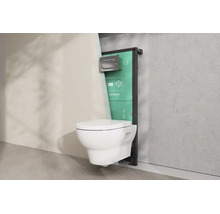 Wand-Toilette mit Hansgrohe Montageelement und Betätigungsplatte, installiert an einer Wand.