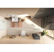 Modernes, helles Badezimmer mit begehbarer Dusche, wandhängender Toilette, Waschbecken mit rundem Spiegel und minimalistischen Möbeln.