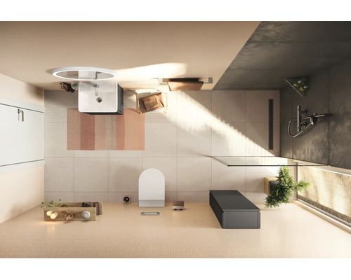 Modernes, helles Badezimmer mit begehbarer Dusche, wandhängender Toilette, Waschbecken mit rundem Spiegel und minimalistischen Möbeln.