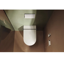 Draufsicht auf ein modernes Wand-WC mit geschlossenem Deckel und einer rechteckigen Drückerplatte.