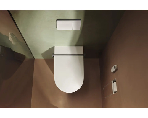 Draufsicht auf ein modernes Wand-WC mit geschlossenem Deckel und einer rechteckigen Drückerplatte.