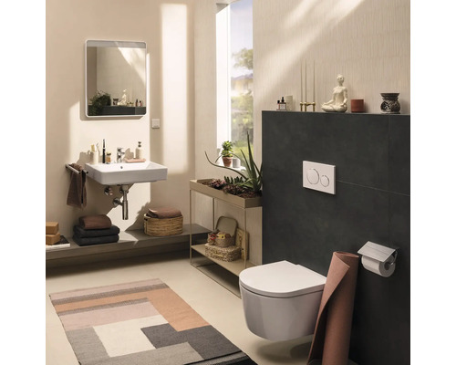 Helles, organisiertes Badezimmer im modernen Stil mit wandhängendem WC, rechteckigem Waschbecken, Spiegel und dekorativen Elementen.