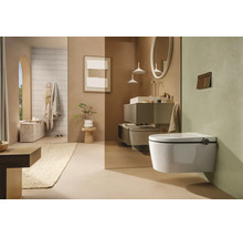 Modernes, organisiertes Badezimmer mit wandhängendem Dusch-WC, Waschtisch, rundem Spiegel und einer Glastrennwand im minimalistischen Design.