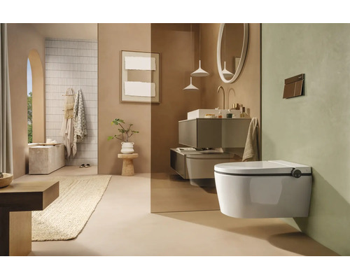 Modernes, organisiertes Badezimmer mit wandhängendem Dusch-WC, Waschtisch, rundem Spiegel und einer Glastrennwand im minimalistischen Design.