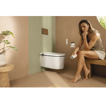 Modernes Badezimmer mit wandhängender Duschtoilette, Fernbedienung und minimalistischer Einrichtung in Erdtönen.