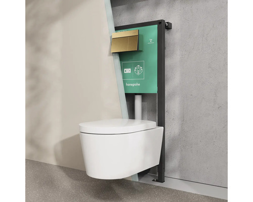 Wand-WC-Set mit Unterputz-Spülkasten von Hansgrohe, Montagebeispiel mit Rahmen und Drückerplatte in einem Badezimmer.