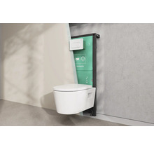Schnittansicht einer Wand mit einer Wand-Toilette, einem hansgrohe Vorwandelement mit Unterputz-Spülkasten und hansgrohe Logo.