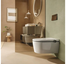 Modernes Badezimmer mit wandhängender Dusch-Toilette, Glastrennwand, Waschtisch mit Waschbecken, Armatur und rundem Spiegel.