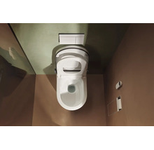 Draufsicht auf ein modernes, wandhängendes Dusch-WC aus weißer Keramik in einem minimalistisch gestalteten Badezimmer mit Betätigungsplatte.