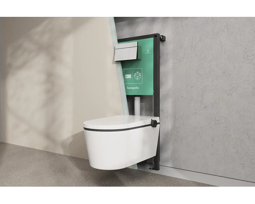 hansgrohe Wand-WC mit Unterputz-Spülkasten und Montagerahmen in einer Schnittansicht an einer Wand.