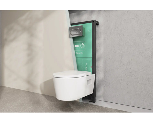 Wand-WC mit Unterputz-Spülkasten und Montagerahmen von hansgrohe, Einbau-Situation mit Ansicht hinter die Wand.