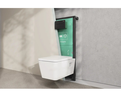 Hansgrohe Vorwandelement mit wandhängendem WC und Unterputz-Spülkasten, Darstellung der Montage hinter der Wand.