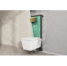 Hansgrohe Wand-WC mit Montageelement und Betätigungsplatte. Querschnitt zeigt das Unterputz-System und die Keramik-Toilette.