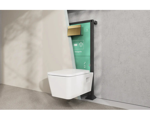 Hansgrohe Wand-WC mit Montageelement und Betätigungsplatte. Querschnitt zeigt das Unterputz-System und die Keramik-Toilette.