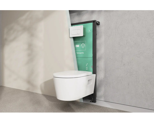 Schnittansicht einer Wand mit einer Wand-Toilette, einem hansgrohe Vorwandelement mit Unterputz-Spülkasten und hansgrohe Logo.