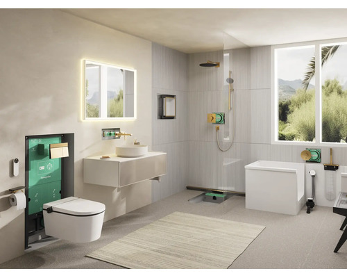 Modernes, helles Badezimmer mit Hansgrohe Unterputz-Installationselementen für Toilette, Waschbecken, Dusche und Badewanne.