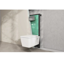 Wandhängendes WC mit hansgrohe Vorwandelement und Drückerplatte in einer modernen Badezimmerinstallation.