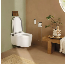 Wand-Dusch-Toilette mit Fernbedienung, Betätigungsplatte, Holzbank und integriertem Toilettenpapierhalter in einem hellen Badezimmer.