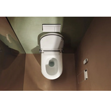 Draufsicht auf eine wandhängende Toilette mit offenem Deckel, einer Betätigungsplatte und einem Einbauzubehörhalter im modernen Badezimmer.