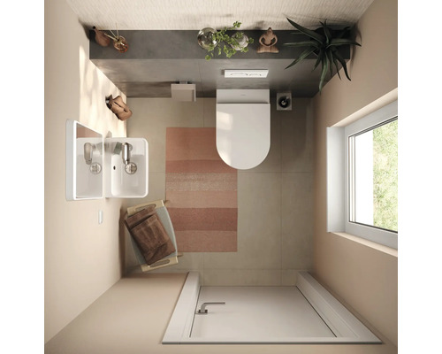 Draufsicht auf ein modernes Badezimmer mit wandhängendem WC, Waschbecken und bodengleicher Dusche. Minimalistisches Design mit Fliesenboden.