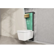 Wand-WC mit Montageelement, goldfarbener Betätigungsplatte und hansgrohe Logo in einer Wandeinbausituation.