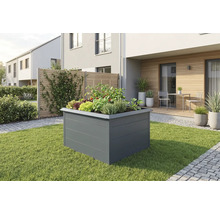 Modernes graues Hochbeet aus Metall auf einer Rasenfläche, bepflanzt mit Gemüse und Kräutern, im Hintergrund ein heller Garten mit Terrasse.