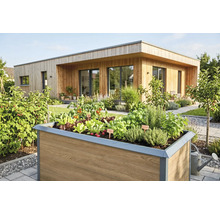 Hochbeet in Holzoptik mit Kräutern und Gemüse vor modernem Haus mit Holzfassade in einem hellen Garten.