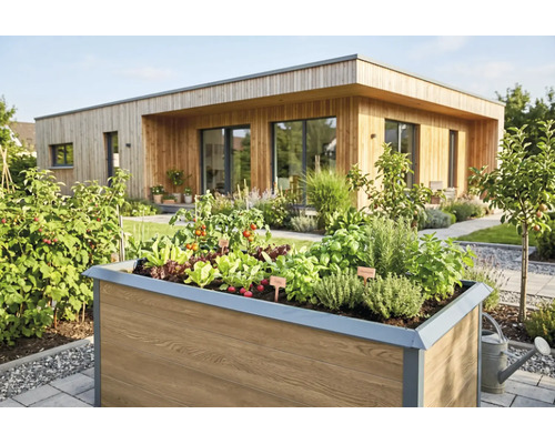 Hochbeet in Holzoptik mit Kräutern und Gemüse vor modernem Haus mit Holzfassade in einem hellen Garten.