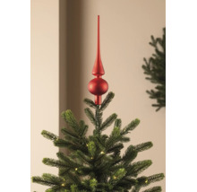 Rote Christbaumspitze in matter Optik auf einem grünen Weihnachtsbaum mit kleiner Beleuchtung.