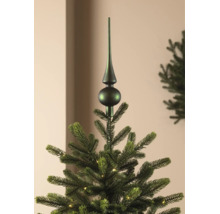Mattgrüne Christbaumspitze auf einem künstlichen Weihnachtsbaum mit Beleuchtung.