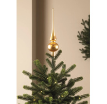 Goldene Christbaumspitze auf einem künstlichen Weihnachtsbaum mit LED-Beleuchtung.