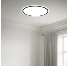 Flache runde LED-Deckenleuchte mit schwarzem Rahmen an einer Decke mit Stuckverzierungen in einem hellen Raum.