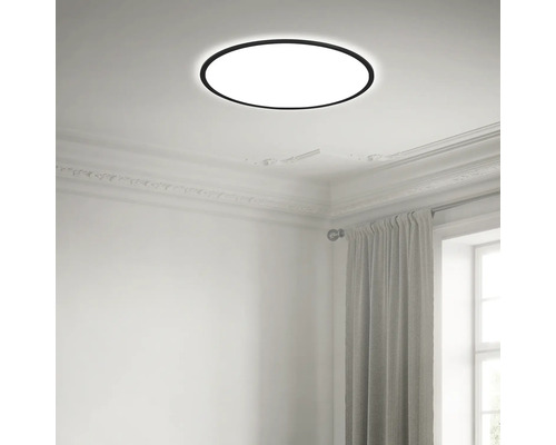 Flache runde LED-Deckenleuchte mit schwarzem Rahmen an einer Decke mit Stuckverzierungen in einem hellen Raum.