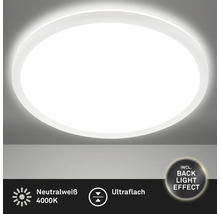 Runde ultraflache LED Deckenleuchte mit neutralweißem Licht von 4000 Kelvin und zusätzlichem Hintergrundbeleuchtungseffekt.