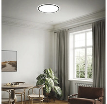 Runde LED-Deckenleuchte in einem hellen, organisierten Wohnzimmer mit Esstisch, großer Zimmerpflanze und Fensterfront.