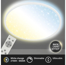 Runde LED-Deckenleuchte mit Sternenhimmel-Effekt, Fernbedienung, dimmbar, Farbtemperaturwechsel 2700 bis 6500 Kelvin und Backlight-Effekt.