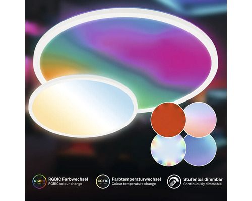 LED-Deckenleuchte mit RGBIC-Farbwechsel, einstellbarer Farbtemperatur und stufenloser Dimmfunktion.