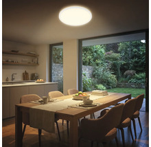 Runde LED-Deckenleuchte in einem modernen Esszimmer mit Holztisch, gepolsterten Stühlen und Blick durch eine Glasfront in den Garten.