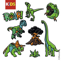 Dinosaurier-Sticker-Set für Kinder mit verschiedenen Dinosauriern, Vulkan und Schriftzug ROAR. Marabu Logo.