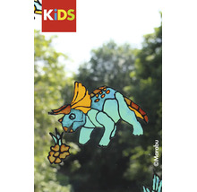 KIDS Logo. Marabu Logo. Fensterbild eines bunten Triceratops Dinosauriers auf einer Glasscheibe.