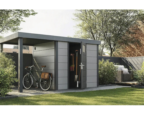 Modernes Metallgerätehaus mit Flachdach, integriertem Fahrradunterstand und Gartengeräten in einer organisierten Gartenumgebung.