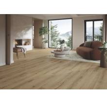 Modernes, helles Wohnzimmer mit Bodenbelag in Eichenoptik, eingebautem Kamin und großen Fenstern mit Bergblick.